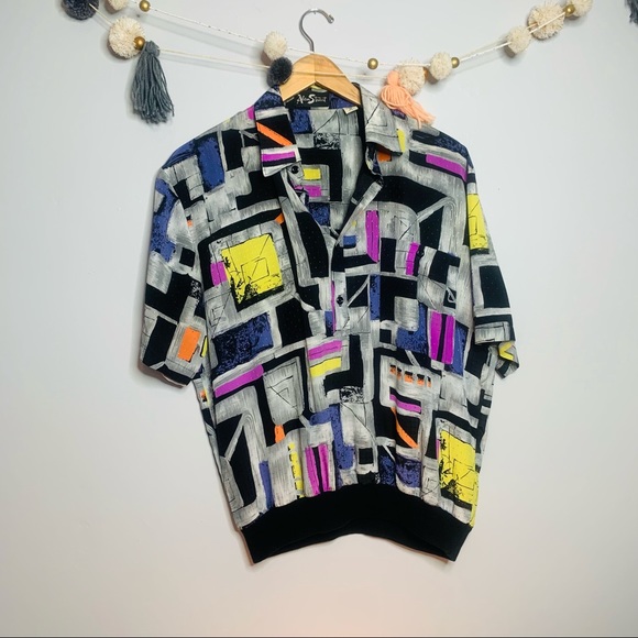 VINTAGE streetwear purple silk geometric polo - Picture 8 of 10